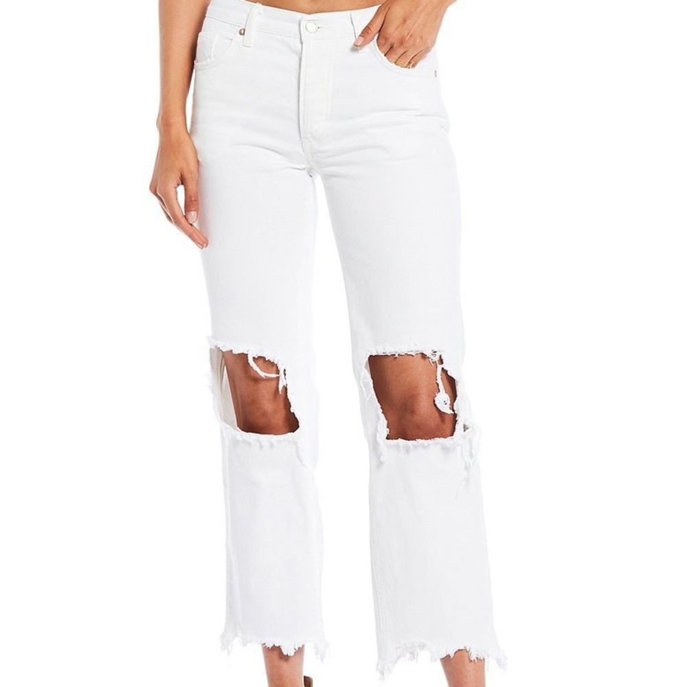 Free People White Jeans Ripped Maggie Straight Leg